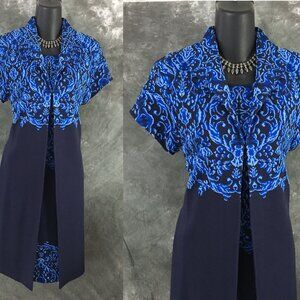 BEAUTIFUL St John knit blue multi topper jacket dress suit size 2